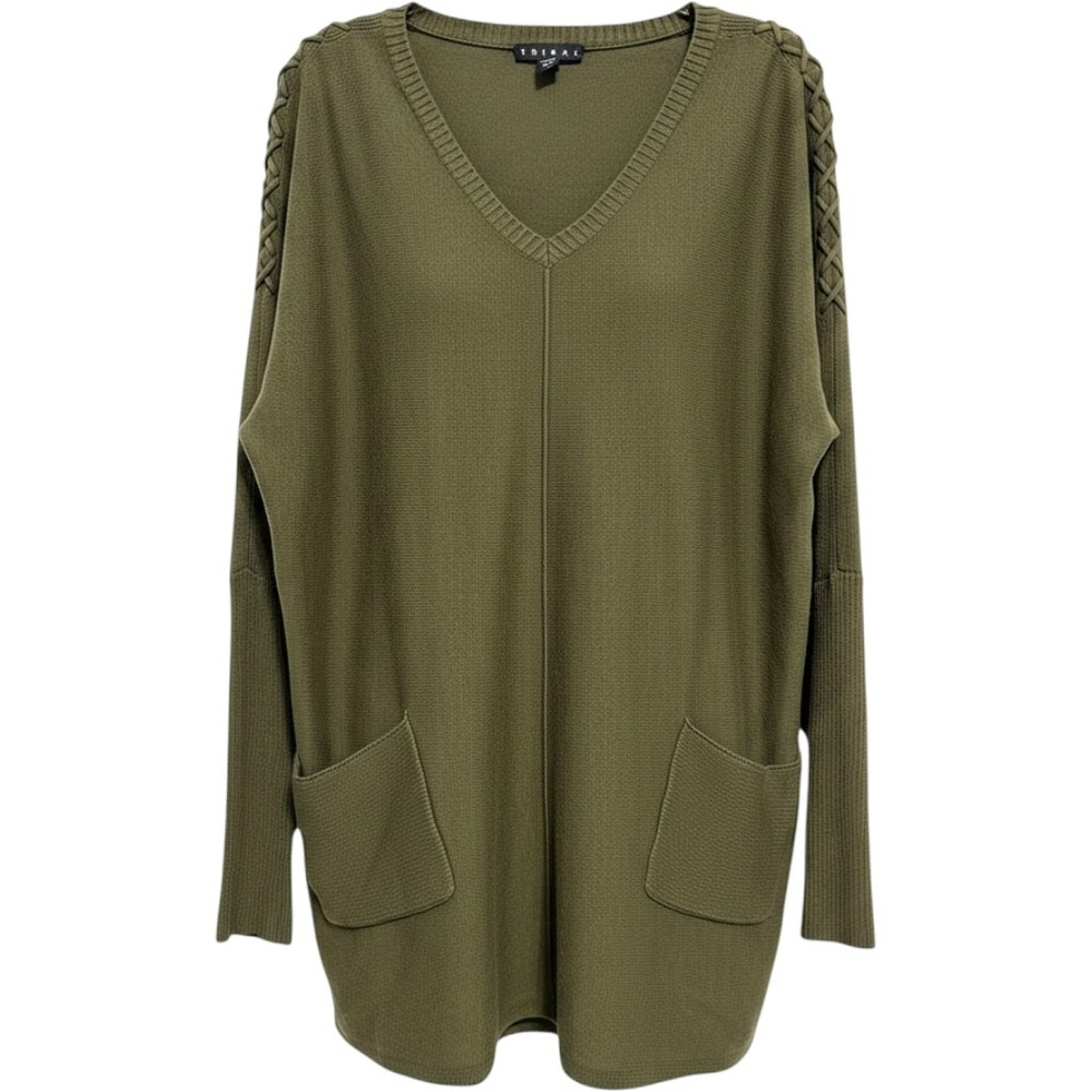 Tribal Sweater Women Large Olive Green Braided Shoulder V-Neck Cotton 30430-576